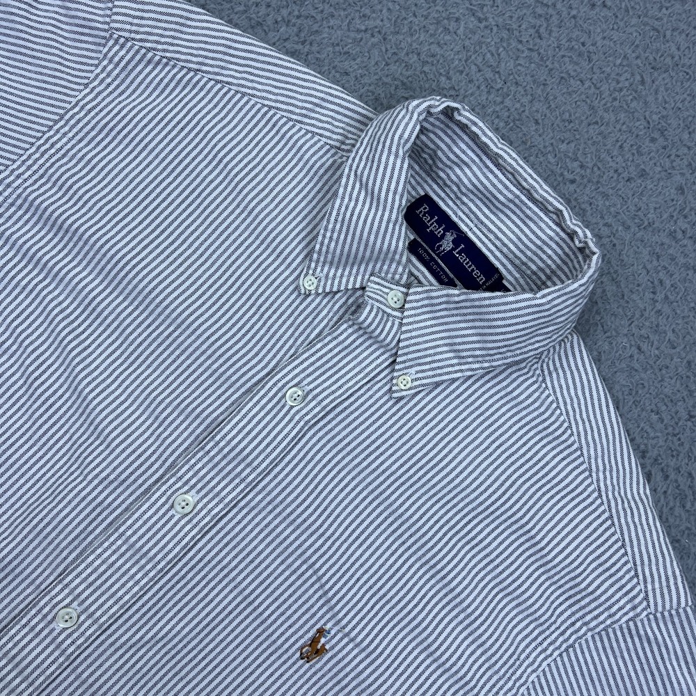 Polo Ralph Lauren Button Up Men's 16-35 Gray Pinstripe Embroidered Flesh Pony